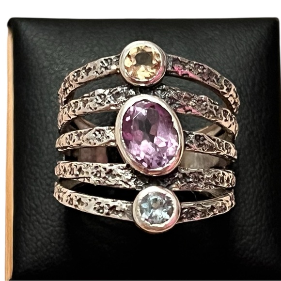 Gorgeous Sterling Silver Amethyst Citrine Blue Topaz Multi-Stone Ring Size 7